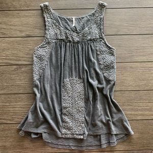 Free People Grey Embroidered Pheasant Tank Top